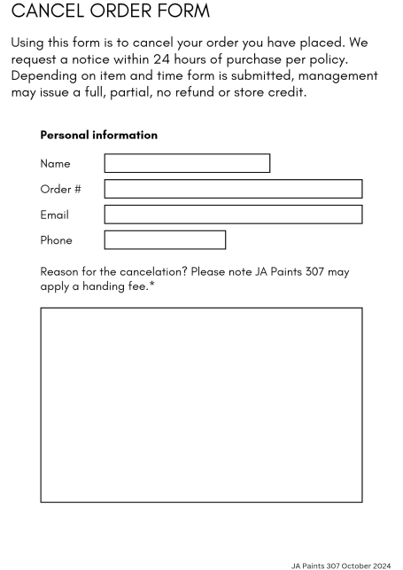 Cancellation order form with fields for name, order number, and reason for cancellation.